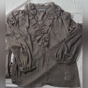 Boston Proper Wms M Brown Blouse  Long Sleeve Ruffle W/Tank Top NWOT